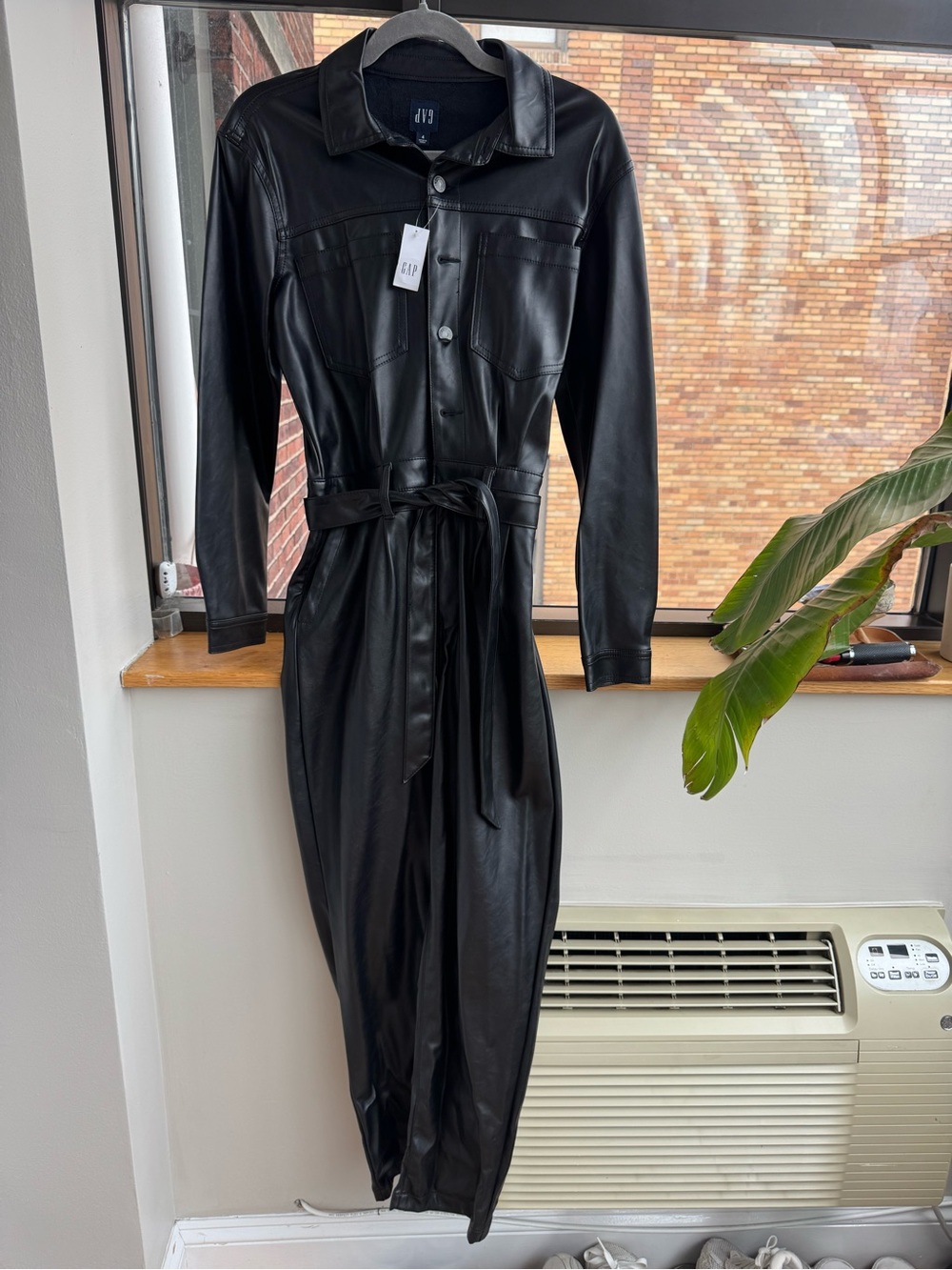 GAP Black Faux Leather Long Sleeve Shirt Dress with Tie Waist
